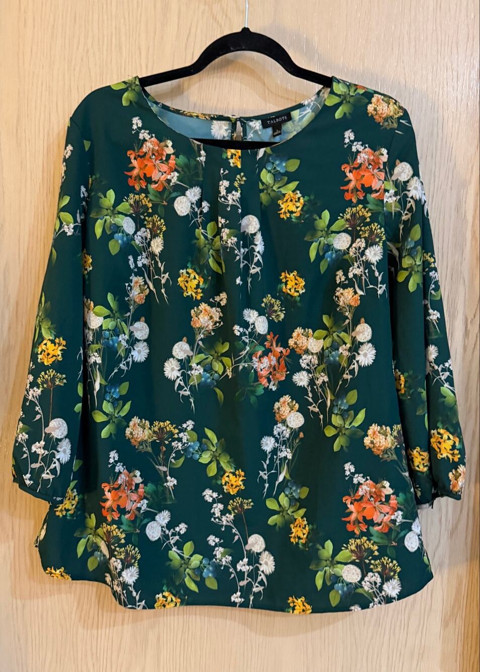 Talbots Dark Green Botanical Floral Blouse Size L 3/4 Sleeve